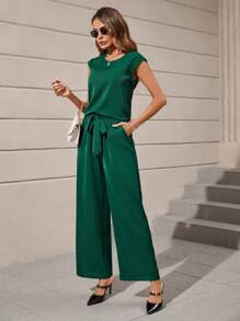 SHEIN Clasi unicolor Blusa & con cinturón Pantalones de pierna ancha - Verde Oscuro - Ver 2