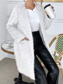 SHEIN Essnce Dual Pocket Open Front Fuzzy Coat - Light Grey - View 5