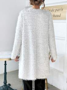 SHEIN Essnce Dual Pocket Open Front Fuzzy Coat - Light Grey - View 3