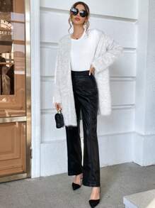 SHEIN Essnce Dual Pocket Open Front Fuzzy Coat - Light Grey - View 6