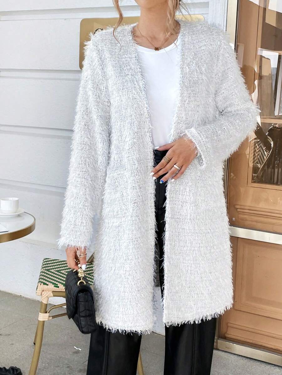 SHEIN Essnce Dual Pocket Open Front Fuzzy Coat - Light Grey - View 1