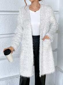 SHEIN Essnce Dual Pocket Open Front Fuzzy Coat - Light Grey - View 4