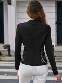 Solivie Chaqueta de encaje con contraste y abertura frontal para otoño/invierno - Negro - Ver 2