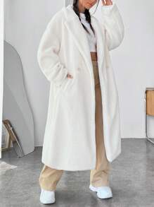 SHEIN EZwear Lapel Neck Drop Shoulder Teddy Coat In Fall/Winter - White - View 3
