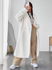 SHEIN EZwear Lapel Neck Drop Shoulder Teddy Coat In Fall/Winter - White - View 4