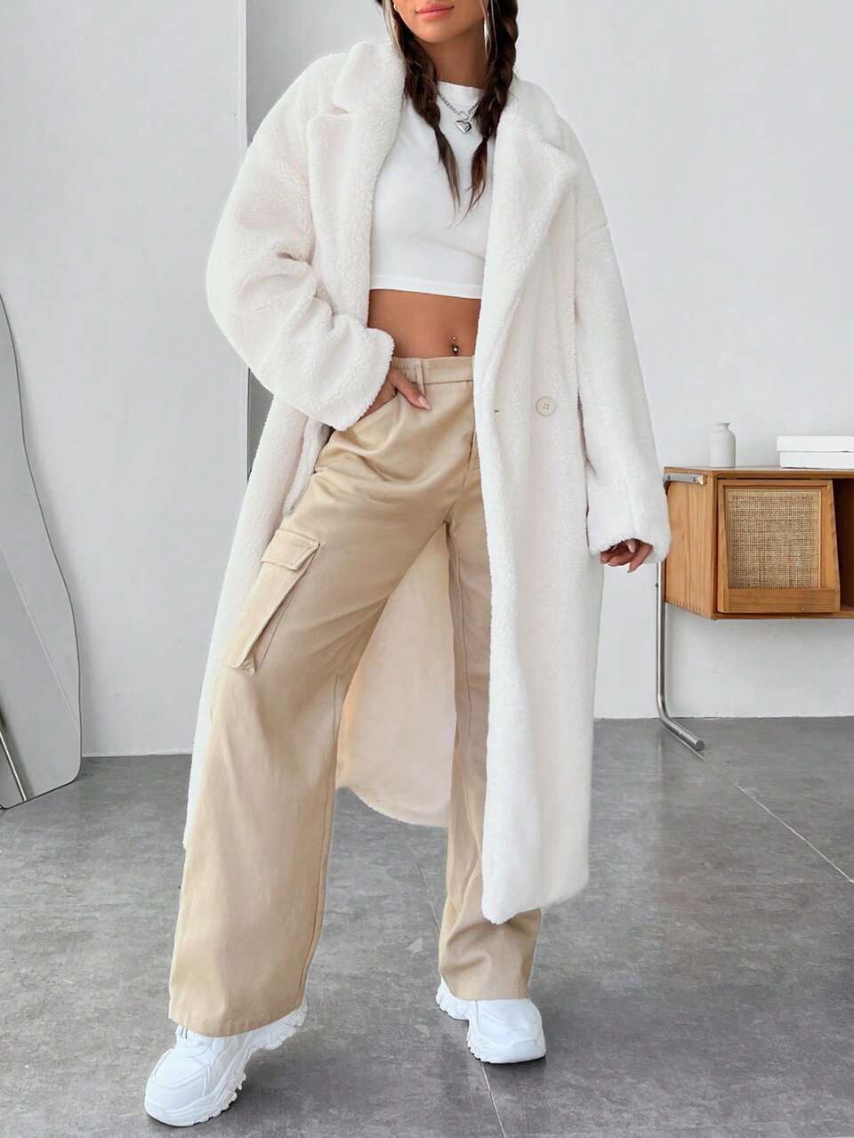 Lapel Neck Drop Shoulder Teddy Coat In Fall/Winter