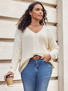 SHEIN LUNE Plus Cable Knit Drop Shoulder Sweater - Apricot - View 1