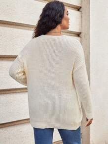 SHEIN LUNE Plus Cable Knit Drop Shoulder Sweater - Apricot - View 2