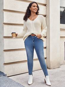 SHEIN LUNE Plus Cable Knit Drop Shoulder Sweater - Apricot - View 3