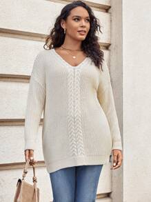 SHEIN LUNE Plus Cable Knit Drop Shoulder Sweater - Apricot - View 4