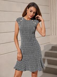 SHEIN Clasi Hoa văn kẻ sọc Xù Hoa Sen Đầm - Đen và trắng - Xem 1