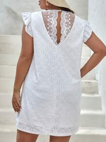 SHEIN VCAY Plus Contrast Embroidery Mesh Ruffle Trim Schiffy Dress - White - View 1