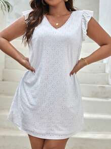 SHEIN VCAY Plus Contrast Embroidery Mesh Ruffle Trim Schiffy Dress - White - View 3