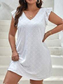 SHEIN VCAY Plus Contrast Embroidery Mesh Ruffle Trim Schiffy Dress - White - View 4