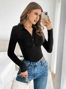 SHEIN Essnce Half Button Ruched Front Crop Tee - Black - View 3