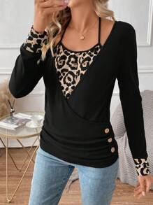 SHEIN LUNE 豹紋印花紐扣細節T恤 - 黑色 - 查看 1
