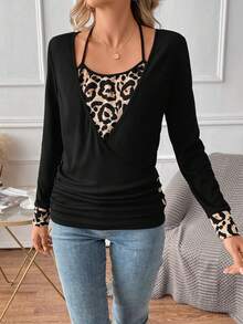 SHEIN LUNE 豹紋印花紐扣細節T恤 - 黑色 - 查看 4