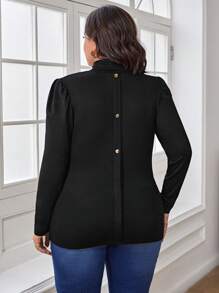 SHEIN Clasi Plus Turtleneck Puff Sleeve Tee - Black - View 2