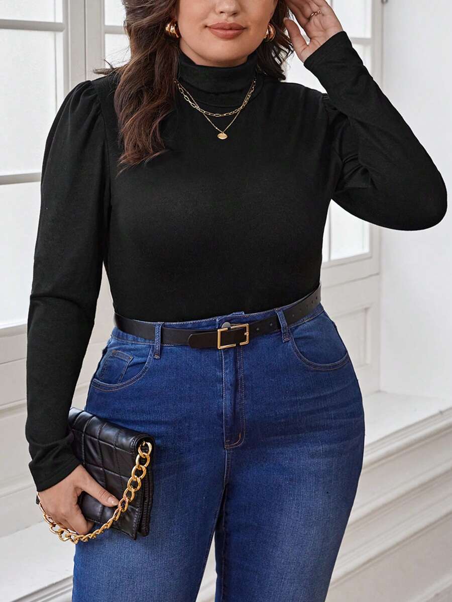 SHEIN Clasi Plus Turtleneck Puff Sleeve Tee - Black - View 1
