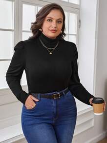 SHEIN Clasi Plus Turtleneck Puff Sleeve Tee - Black - View 5