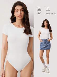 SHEIN BASICS 純色修身t恤連體褲