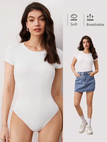 SHEIN BASICS 純色修身t恤連體褲