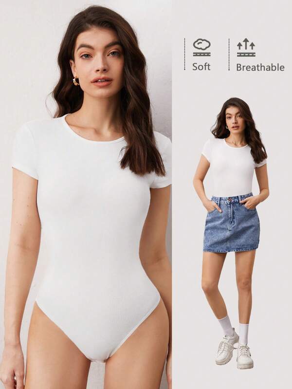 SHEIN BASICS 純色修身t恤連體褲