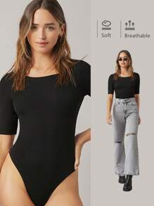 SHEIN BASICS Women's Solid Color Crew Neck Short Sleeve Slim Fit Bodysuit, Casual Daily Wear