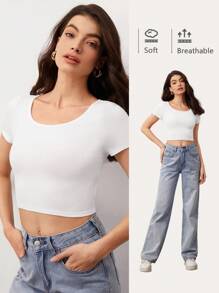 SHEIN BASICS Solid Round Neck Crop Tee For Summer - White - View 1