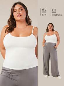 SHEIN BASICS Plus Size Women Solid Color Slim Fit Camisole Top/Summer - White - View 1