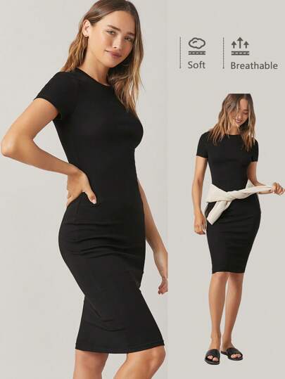 SHEIN BASICS Round Neck Solid Bodycon Dress/Summer