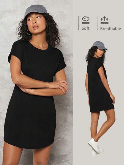 SHEIN BASICS Cuffed Batwing Sleeve Tee Dress T Shirt Dress Summer Outfit For Women