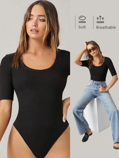 SHEIN BASICS Women's Solid Color Round Neck Short Sleeve Slim Fit Bodysuit, Casual Daily Wear