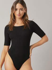 SHEIN BASICS Women's Solid Color Crew Neck Short Sleeve Slim Fit Bodysuit, Casual Daily Wear