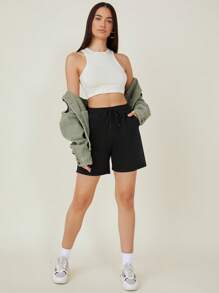 SHEIN BASICS 斜口袋纯色休闲抽绳口袋运动短裤 - 黑色 - 查看 6