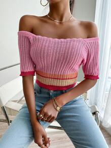 SHEIN Privé 條紋飾邊針織短上衣 - 粉色 - 查看 1