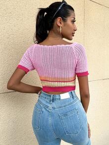 SHEIN Privé 條紋飾邊針織短上衣 - 粉色 - 查看 2