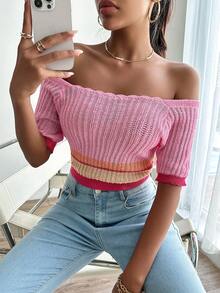 SHEIN Privé 條紋飾邊針織短上衣 - 粉色 - 查看 3