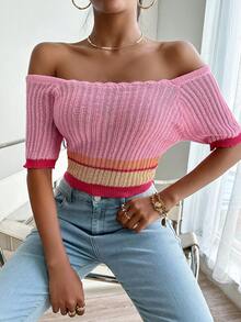 SHEIN Privé 條紋飾邊針織短上衣 - 粉色 - 查看 4