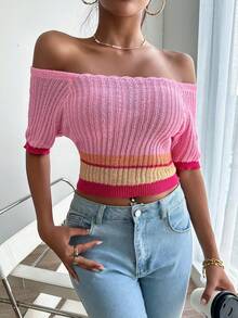 SHEIN Privé 條紋飾邊針織短上衣 - 粉色 - 查看 5