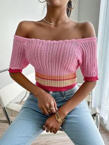 SHEIN Privé 條紋飾邊針織短上衣 - 粉色 - 查看 6