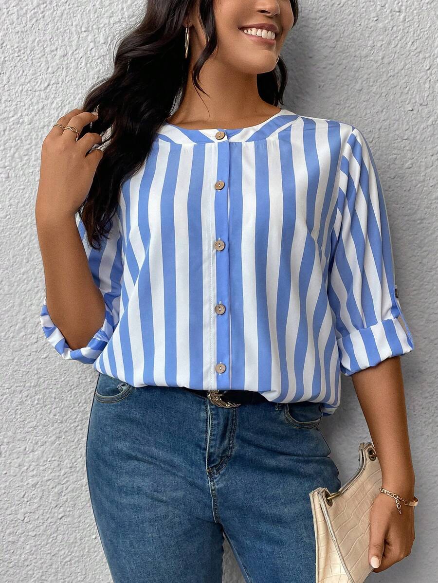 EMERY ROSE Hơn In sọc Nút phía trước Áo sơ mi - Xanh và trắng - Xem 1