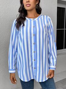 EMERY ROSE Hơn In sọc Nút phía trước Áo sơ mi - Xanh và trắng - Xem 3