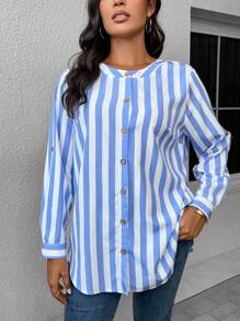 EMERY ROSE Hơn In sọc Nút phía trước Áo sơ mi - Xanh và trắng - Xem 4