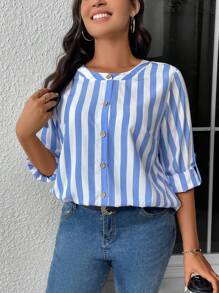 EMERY ROSE Hơn In sọc Nút phía trước Áo sơ mi - Xanh và trắng - Xem 5