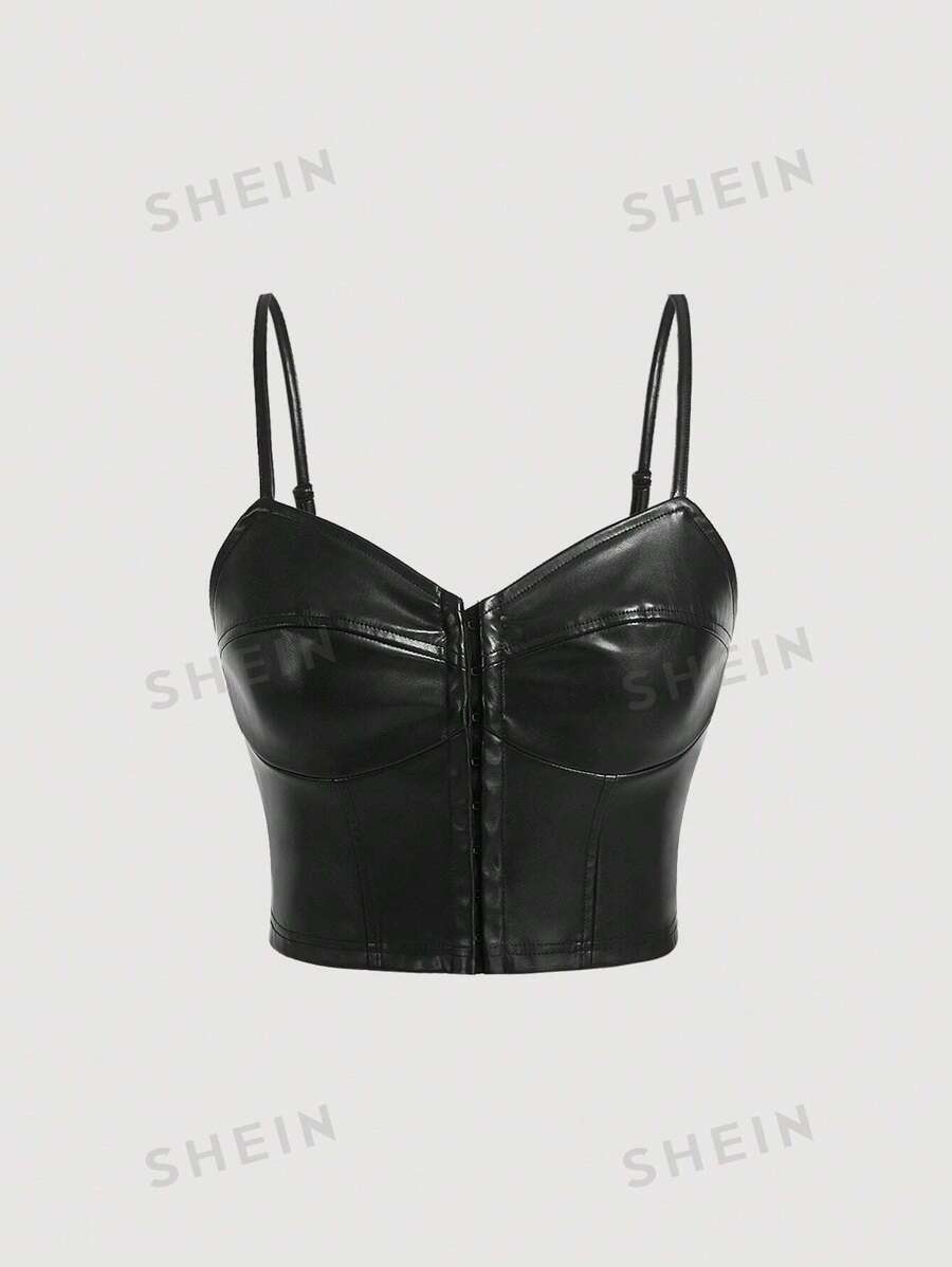 SHEIN MOD Cami Top mit Heftel, PU Leder ohne Bluse - Schwarz - Übersicht 1