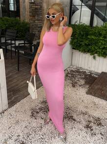 Vestido largo sin mangas de canalé sexy de Body ceñido en color rosa para mujer - Rosa Pálido - Ver 5