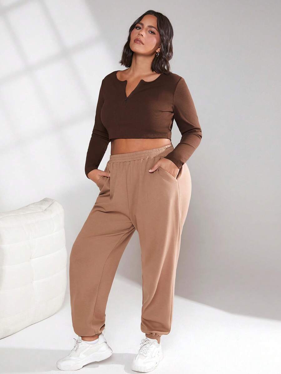 SHEIN BASICS Talla grande Camiseta crop con cremallera media tapeta