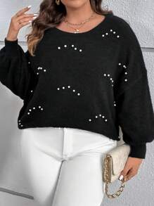 SHEIN LUNE 大碼珍珠串珠落肩袖套頭毛衣 - 黑色 - 查看 3