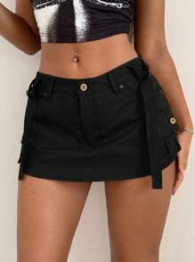 SHEIN ICON 翻蓋口袋帶扣細節工裝短褲 - 黑色 - 查看 2